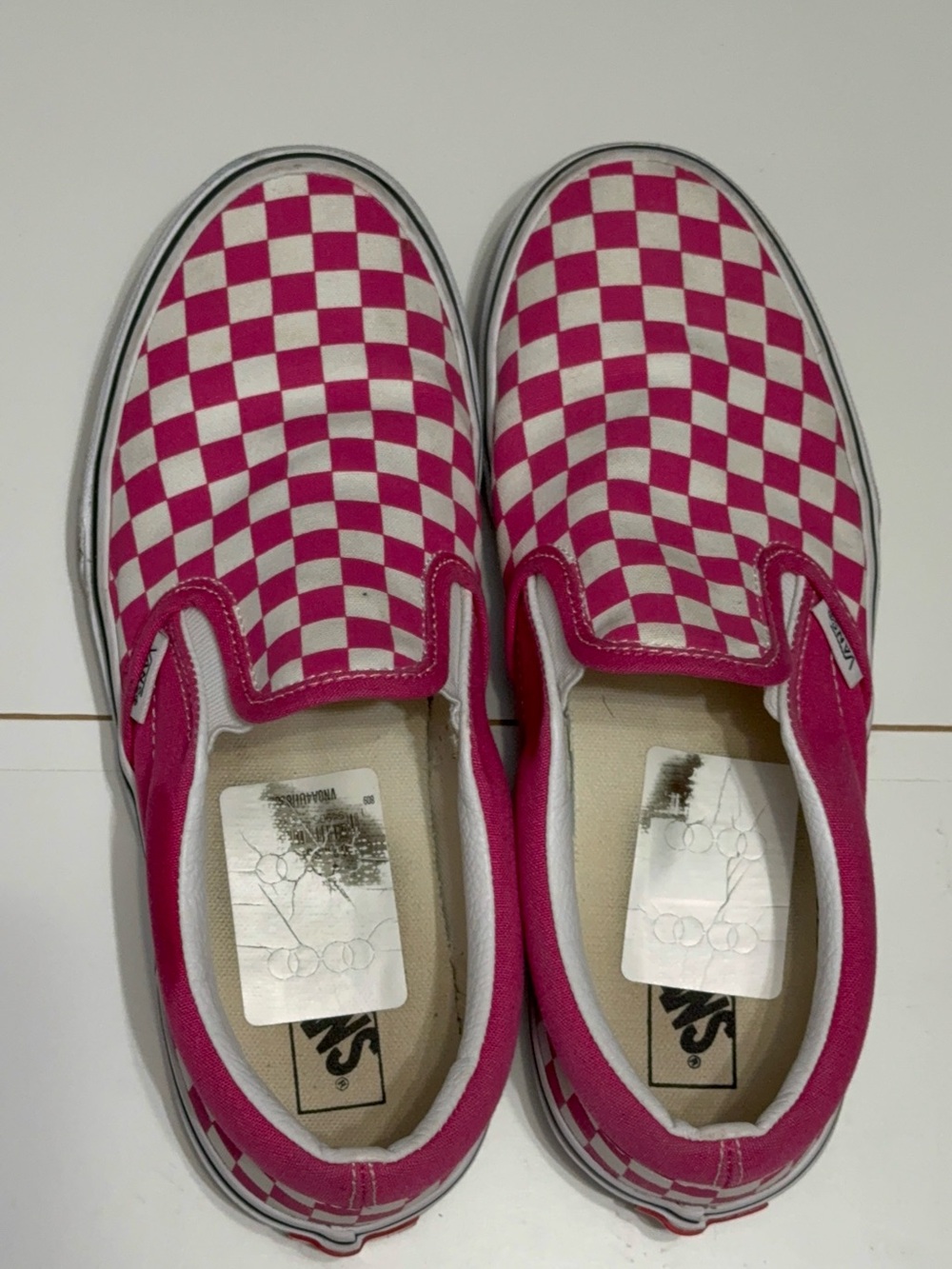 Vans Kids Slip-On Checkerboard Sneakers in Pink and White
